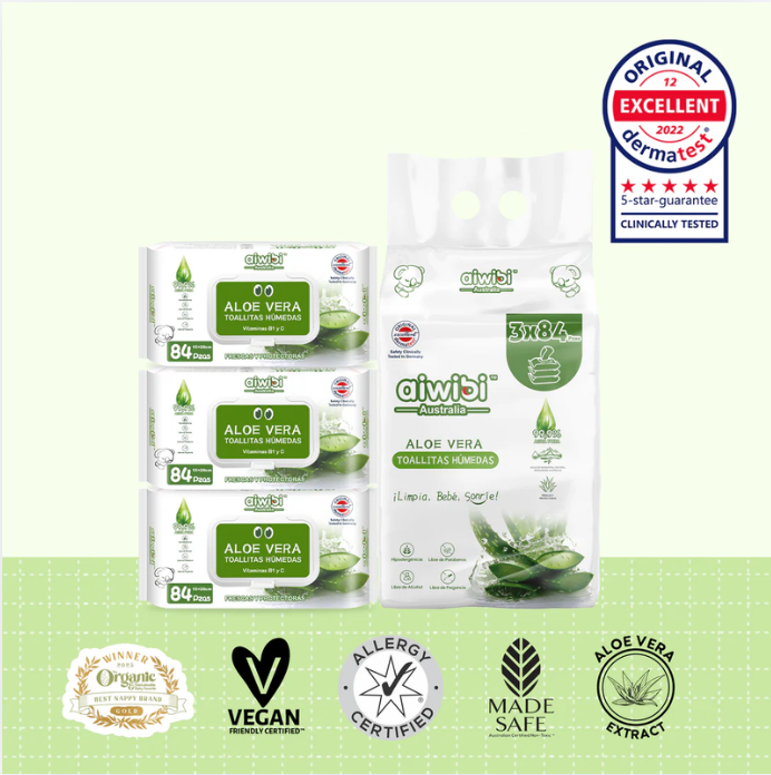 Pack Ahorro: Toallitas Húmedas 99,9% Agua Pura Cuidado Fresco y Orgánico 3 Paquetes/Bolsa 252un - Aloe Vera