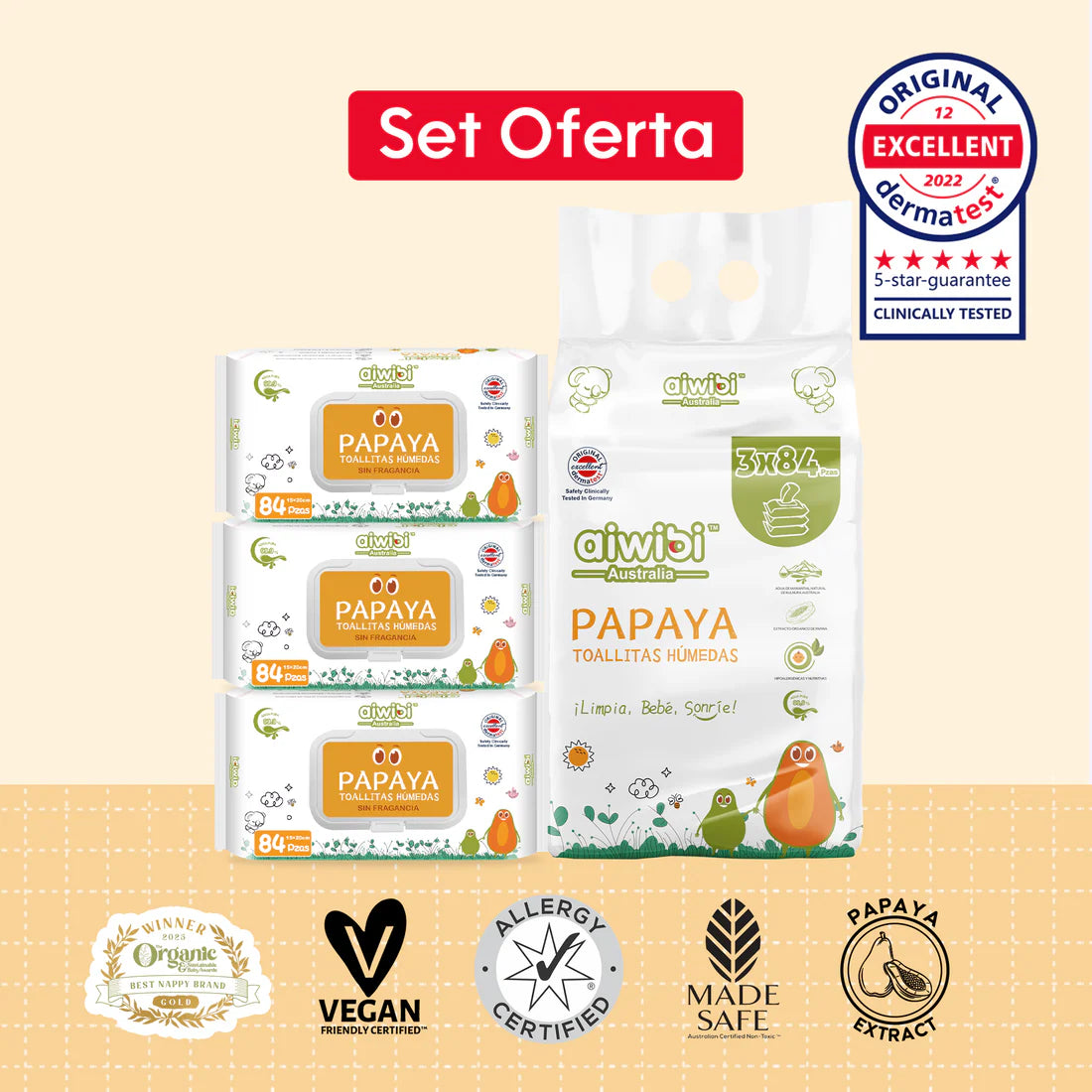 Pack oferta: Toallitas Húmedas 99,9% Agua Pura Cuidado Fresco y Orgánico 3 Paquetes/Bolsa 252un - Papaya