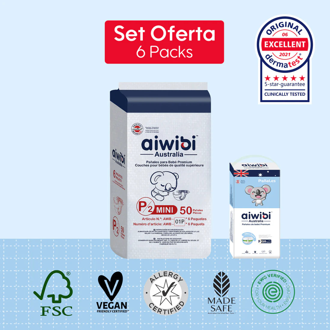 Pañales Premium Aiwibi Para Bebé Comfy Soft 6 Paquetes/Plancha (300un) Talla (P)